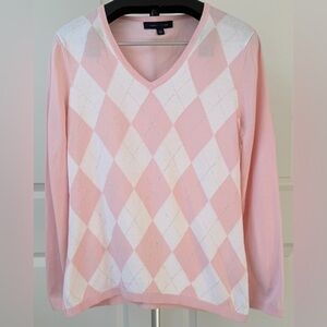 Tommy Hilfiger Light Pink and White Argyle V-Neck Sweater